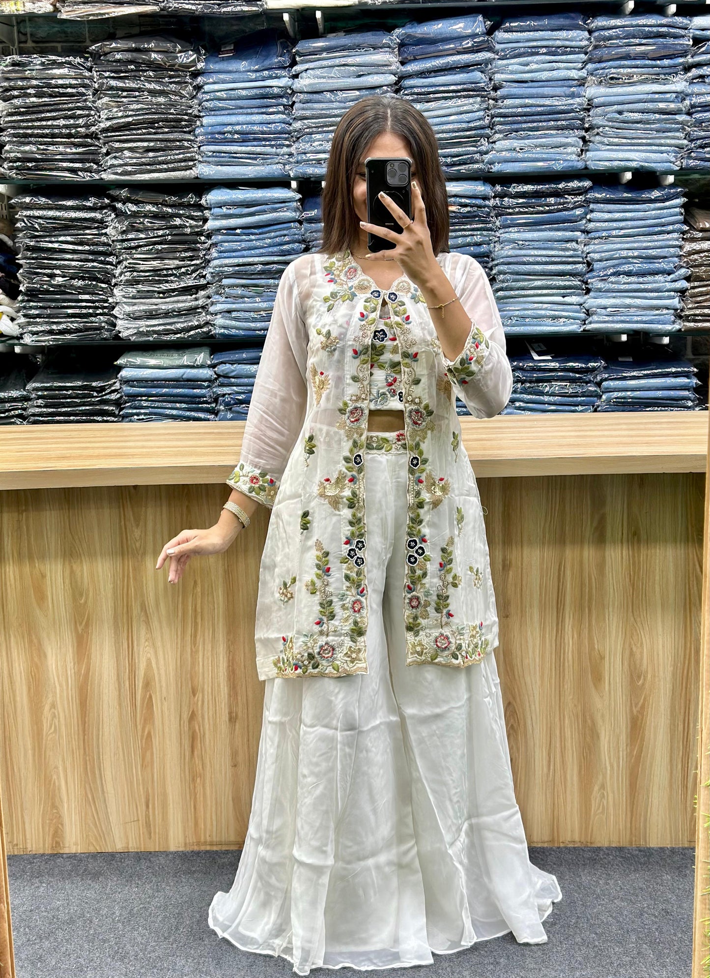 Floral Embroidered 3-Piece Indo-Western Set – White Silk/Georgette