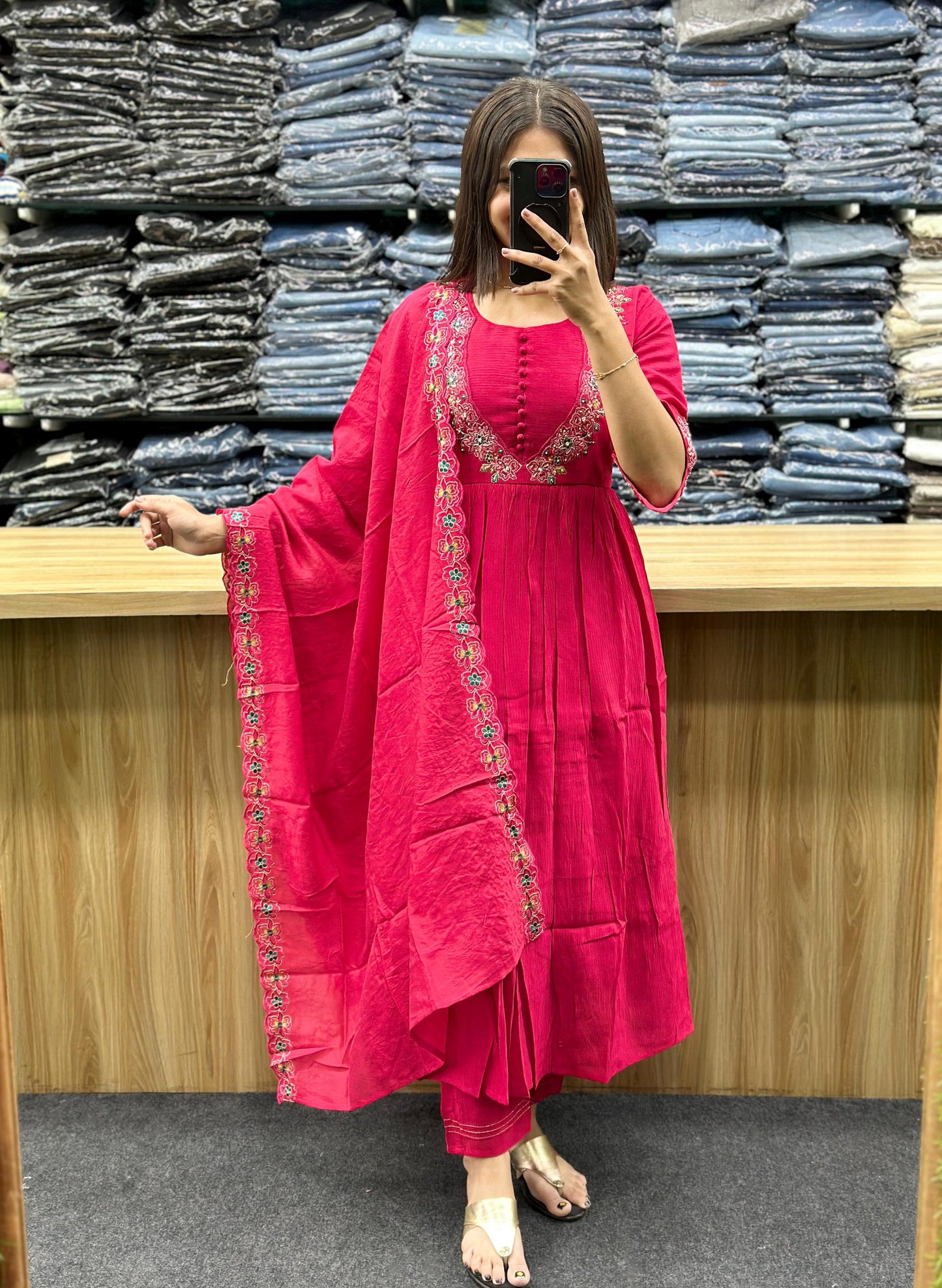 Vinayak Fashion bright pink ethnic anarkali suit with floral embroidery and matching dupatta