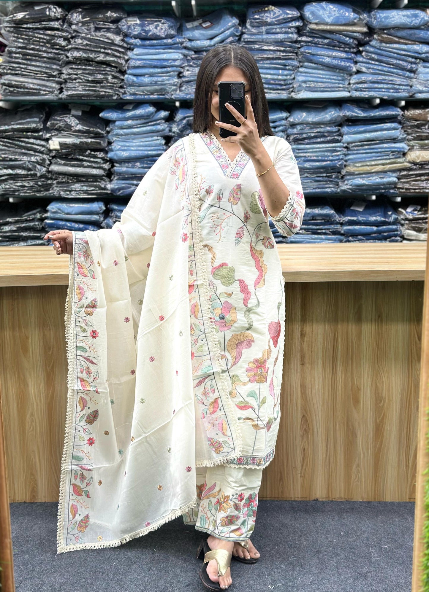 Vinayak Fashion elegant white floral three piece dupatta set for women with intricate embroidery