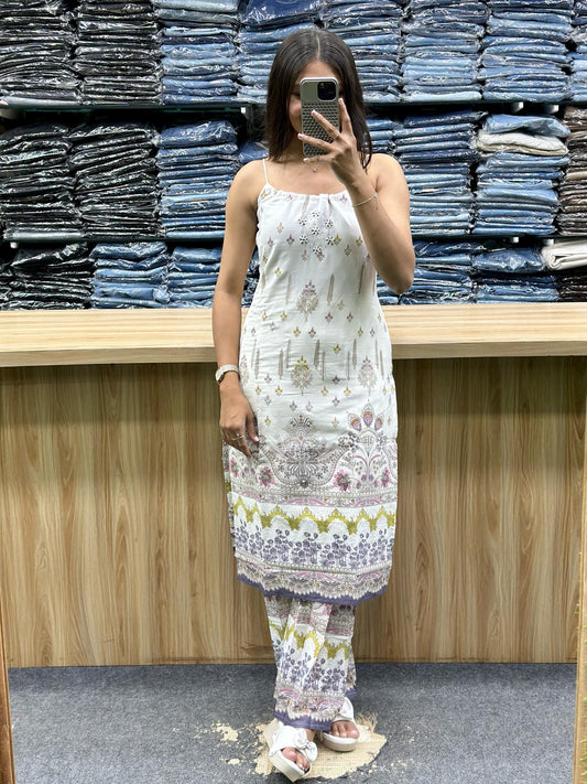 Vinayak Fashion white printed sleeveless kurti with matching printed pants outfit for women