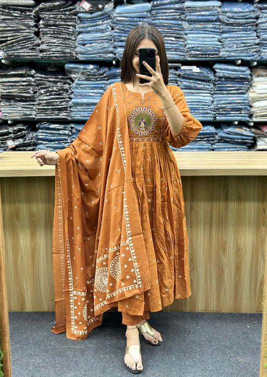 Orange Mal Cotton Kurti Pant Dupatta