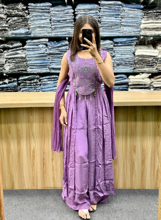 Lavender Indo-Western Embroidered Palazzo Set