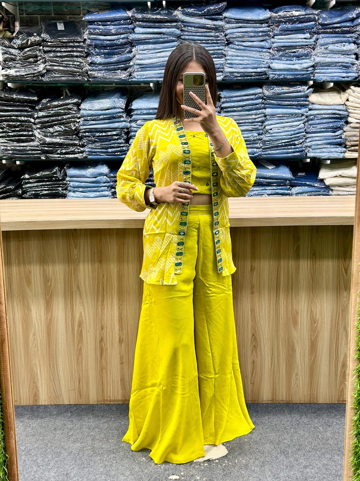 Yellow Embroidered Indo-Western 3-Piece Palazzo Set