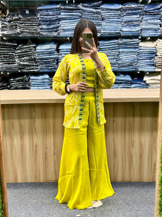 Yellow Embroidered Indo-Western 3-Piece Palazzo Set