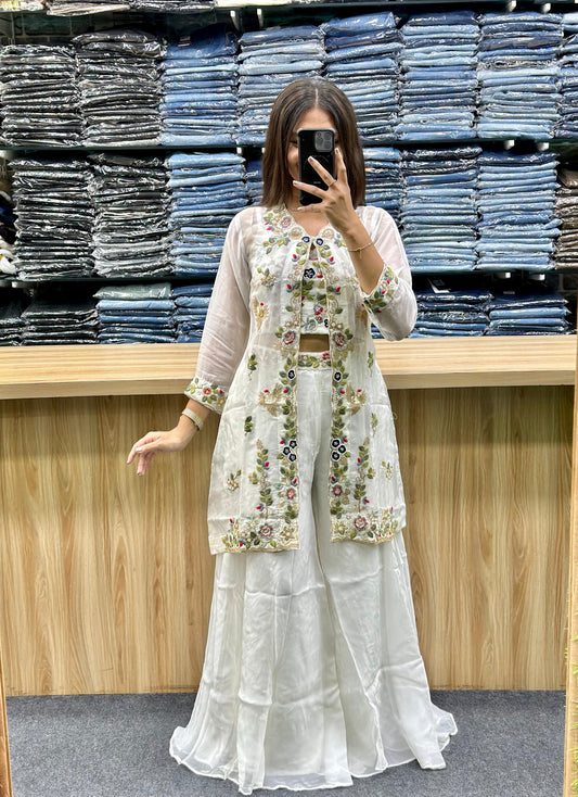 Floral Embroidered 3-Piece Indo-Western Set – White Silk/Georgette