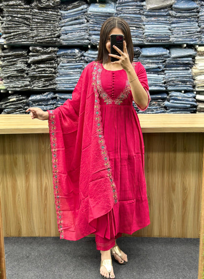 Vinayak Fashion bright pink ethnic anarkali suit with floral embroidery and matching dupatta