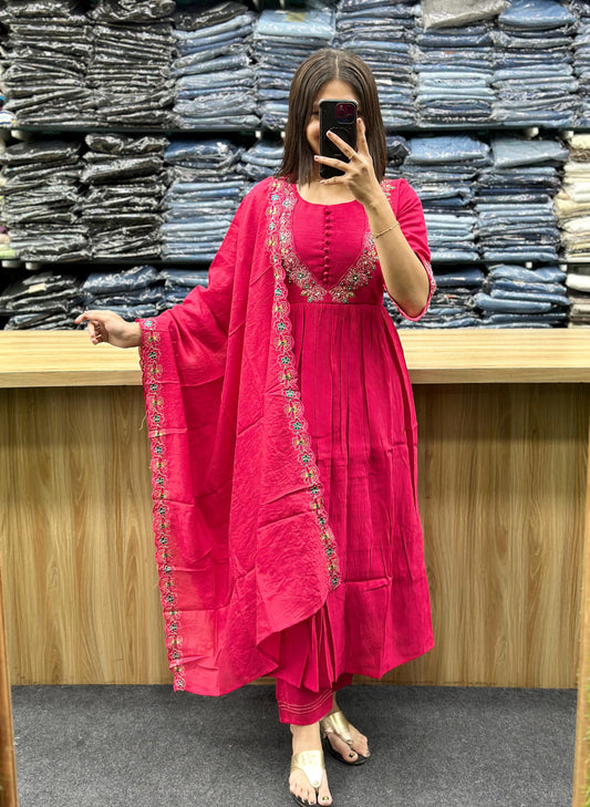 Vinayak Fashion bright pink ethnic anarkali suit with floral embroidery and matching dupatta
