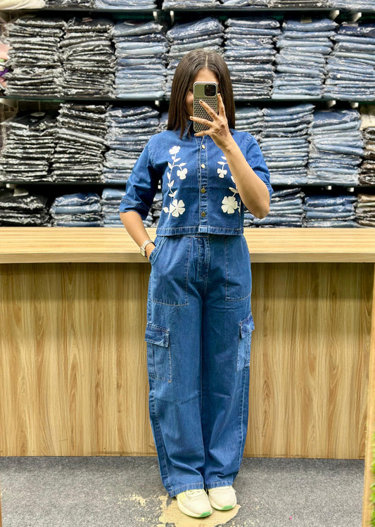 Vinayak Fashion women's denim cord set with floral embroidery and cargo-style pants
