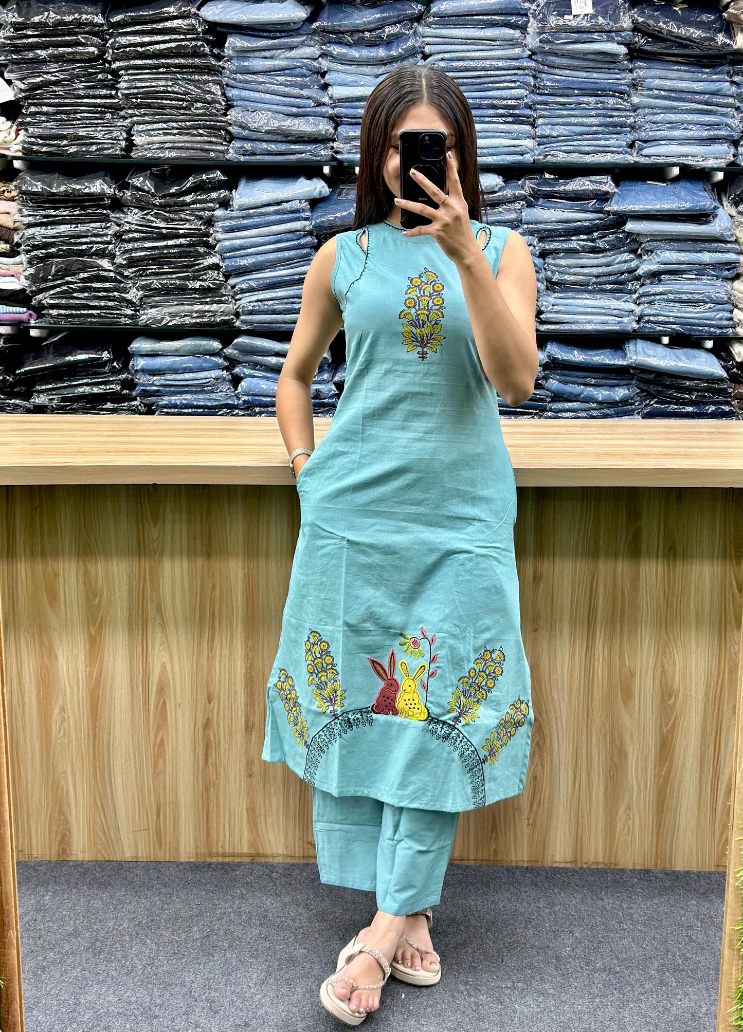Vinayak Fashion women's summer kurti set in light blue with floral and bunny embroidery